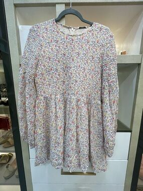 Ganni Floral Smocked Mini Dress - White with Pink & Yellow Flowers